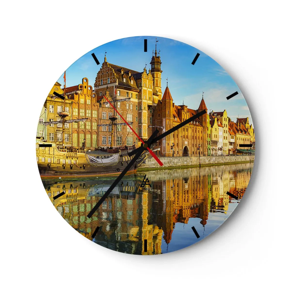 Wanduhr - Glasuhr - Panorama der Altstadt mit Spiegelung im Wasser im Abendlicht - 30x30cm - Ein Spiegelbild der Vergangenheit - Moderne Wanddekoration für Wohnzimmer, Küche und Schlafzimmer ARTTOR