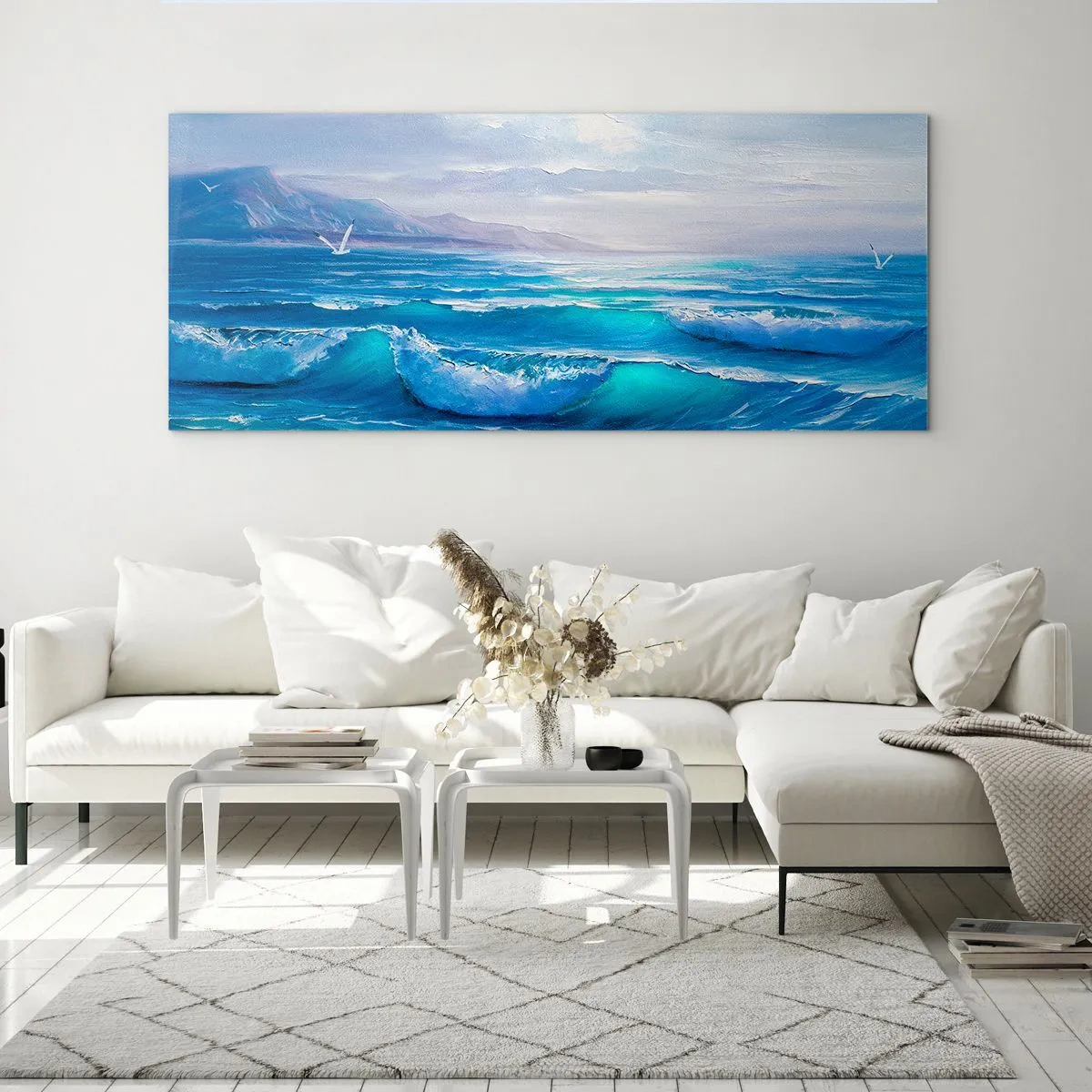 Glasbild - Bild auf glas - Eine malerische Meereslandschaft mit Wellen und blauem Himmel - 120x50cm - Es bringt Erleichterung - Moderne Wanddekoration für Wohnzimmer und Schlafzimmer ARTTOR