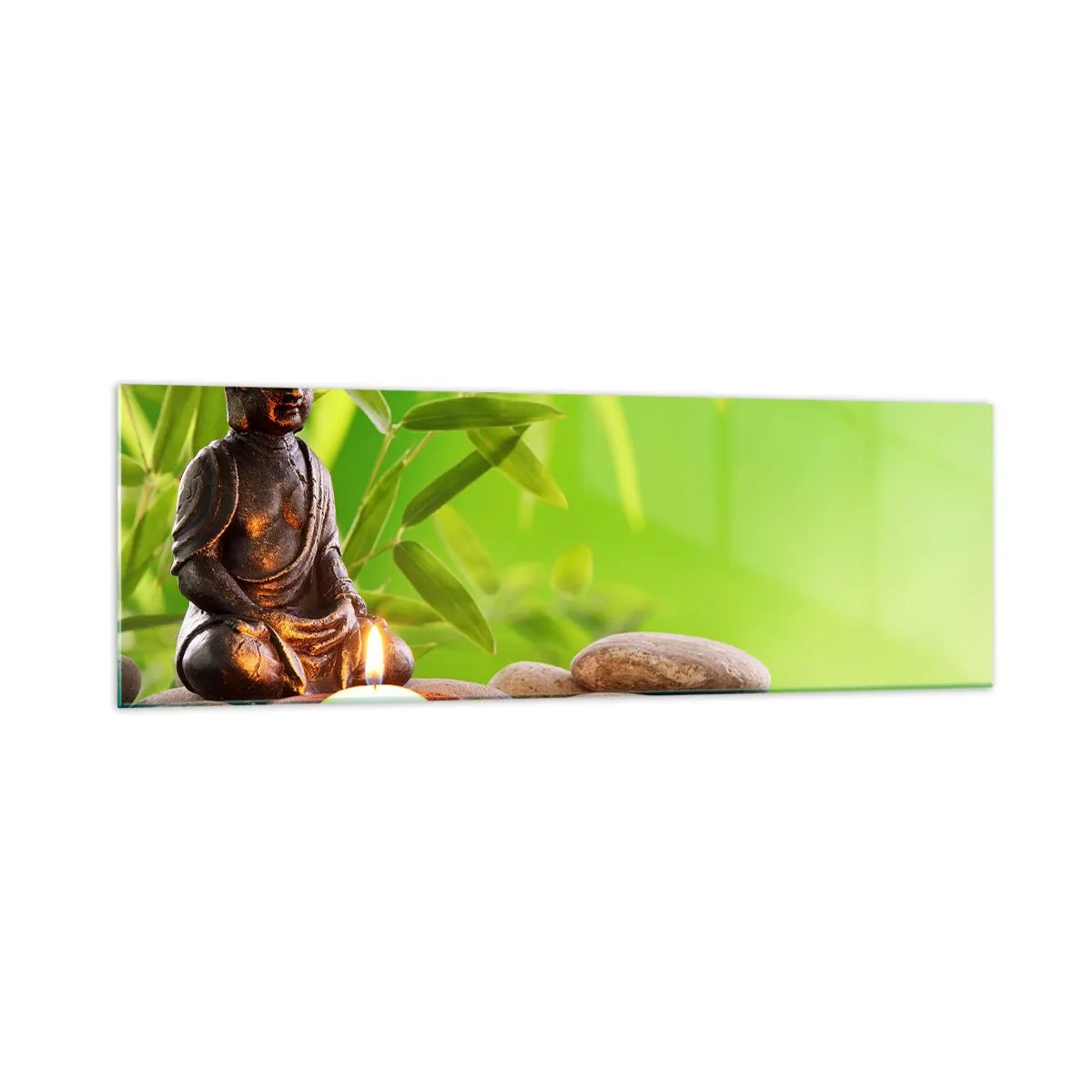Glasbild - Bild auf glas - Buddha-Figur mit Steinen und einer Kerze vor Bambus-Hintergrund - 160x50cm - Das Leben ist wunderschoen - Moderne Wanddekoration für Wohnzimmer und Schlafzimmer ARTTOR