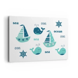 Bild auf Leinwand - Leinwandbild - Bezaubernde nautische Motive mit Walen und Segelbooten - 100x70cm - Über die Meere und Ozeane - Moderne Wanddekoration für Wohnzimmer und Schlafzimmer ARTTOR
