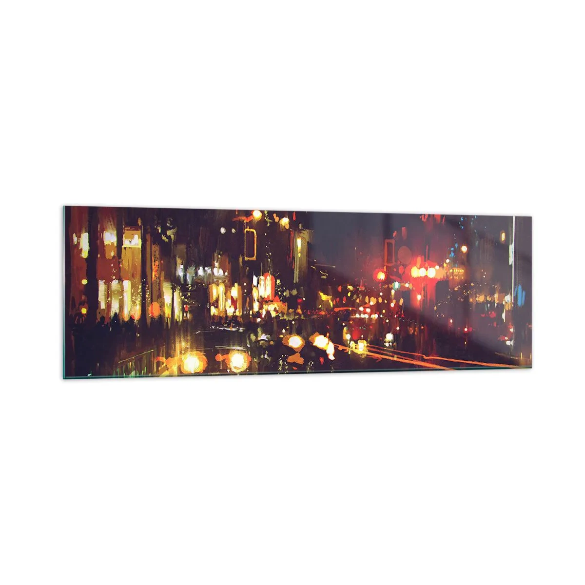 Glasbild - Bild auf glas - Nachtszene in der Stadt mit bunten Lichtern und Straßenreflexionen - 160x50cm - Eingetaucht in die Lichter der Nacht - Moderne Wanddekoration für Wohnzimmer und Schlafzimmer ARTTOR