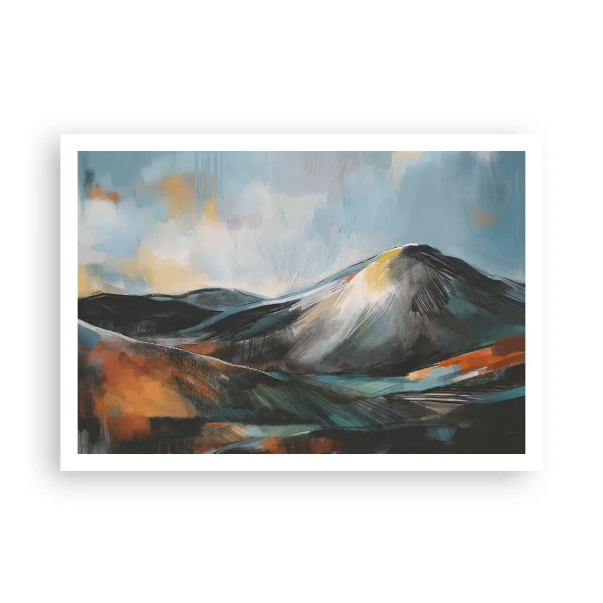 Poster - Abstrakte Berglandschaft in warmen Farbtönen - 100x70cm - Roh und schön - Moderne Wanddekoration für Wohnzimmer und Schlafzimmer ARTTOR