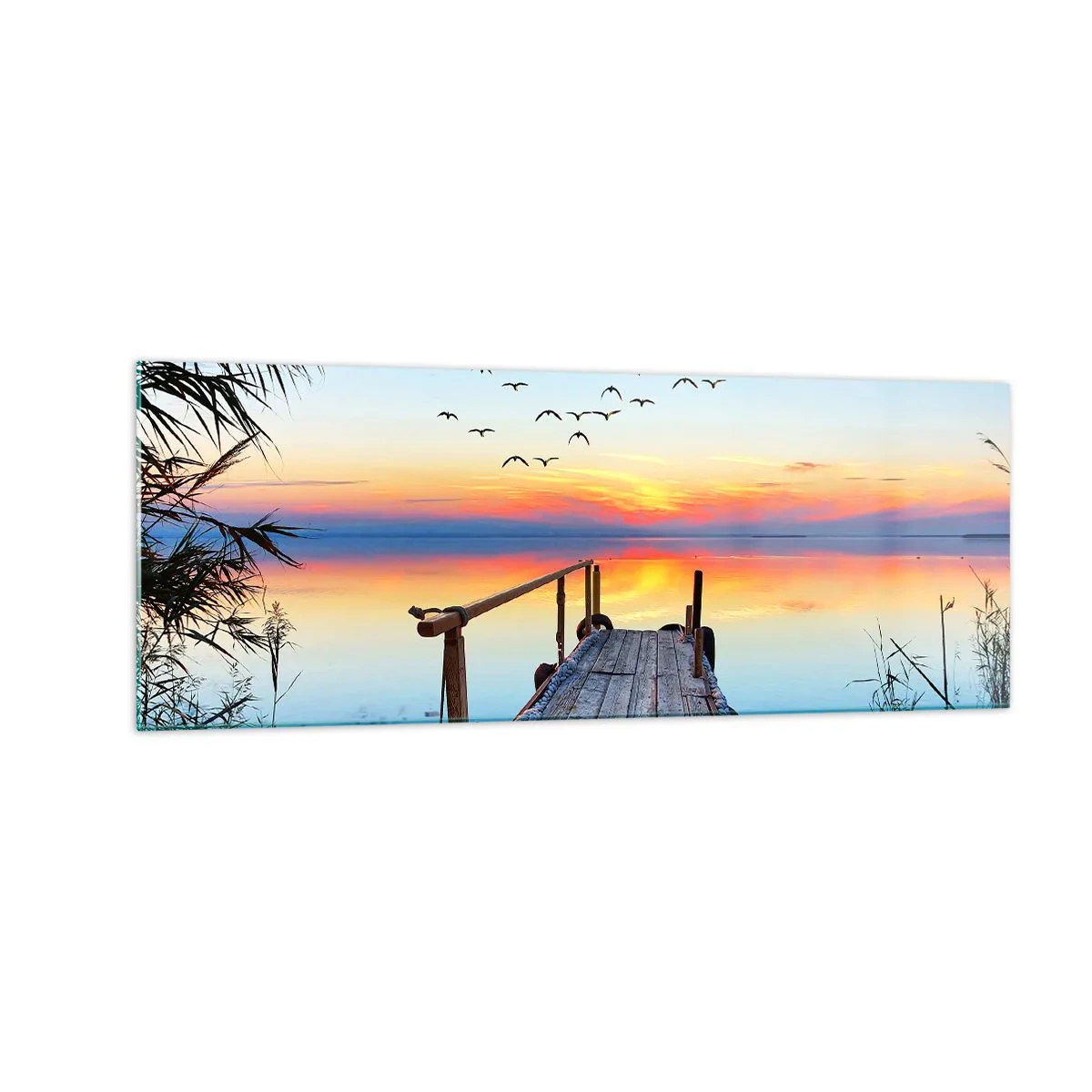 Glasbild - Bild auf glas - Holzsteg über dem See bei Sonnenuntergang - 140x50cm - Es ist Zeit, zurückzukehren ... - Moderne Wanddekoration für Wohnzimmer und Schlafzimmer ARTTOR
