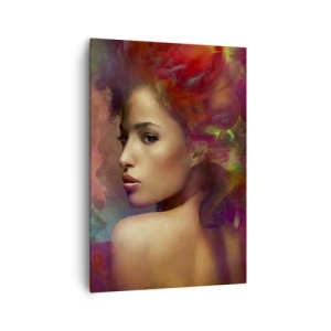 Bild auf Leinwand - Leinwandbild - Eine Frau mit bunten Reflexionen, die einen abstrakten Hintergrund erzeugen - 70x100cm - Schöner als ein Regenbogen, so zart wie ein Nebel - Moderne Wanddekoration für Wohnzimmer und Schlafzimmer ARTTOR