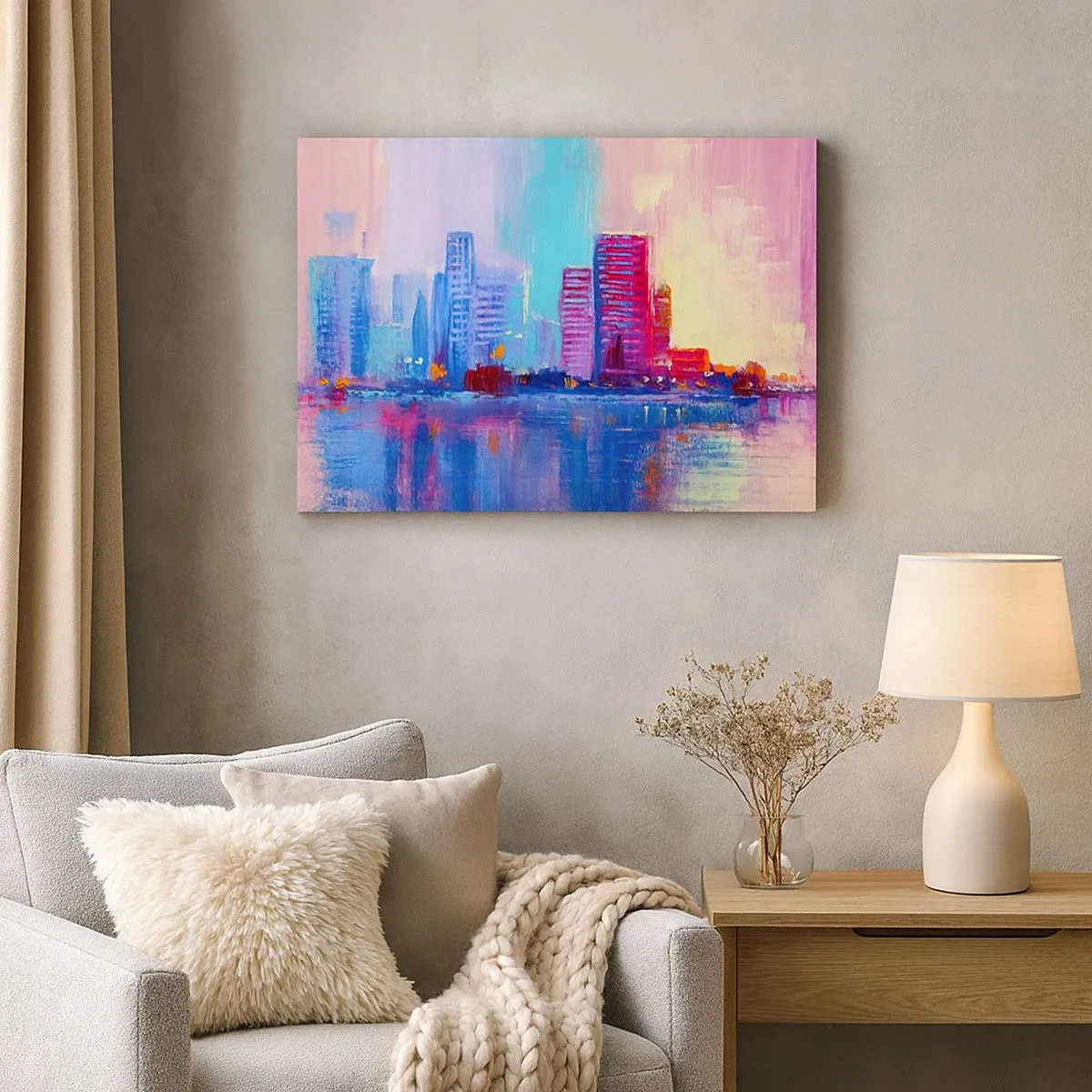Bild auf Leinwand - Leinwandbild - Ein farbenfrohes Panorama der Stadt im Aquarellstil - 70x50cm - In Farben getaucht - Moderne Wanddekoration für Wohnzimmer und Schlafzimmer ARTTOR