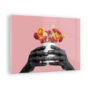 Glasbild - Bild auf glas - Schwarz-weiße Hände halten einen bunten Blumenstrauß - 70x50cm - Die Apotheose des Lebens - Moderne Wanddekoration für Wohnzimmer und Schlafzimmer ARTTOR