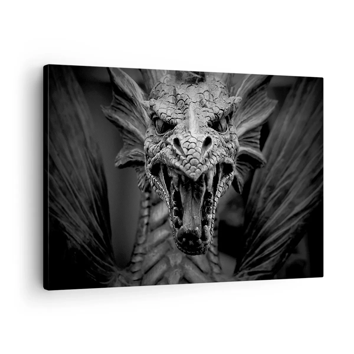 Bild auf Leinwand - Leinwandbild - Ein bedrohlicher Drachenkopf in Schwarz-Weiß mit ausdrucksstarken Details. - 70x50cm - Ein märchenhafter Drache in Grau - Moderne Wanddekoration für Wohnzimmer und Schlafzimmer ARTTOR
