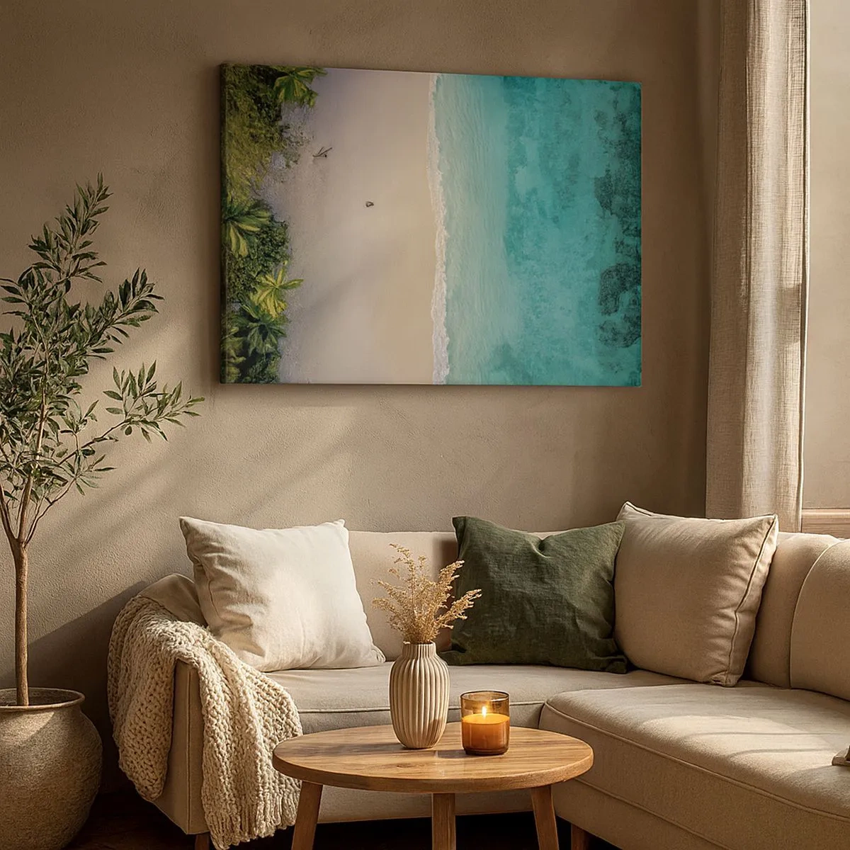 Bild auf Leinwand - Leinwandbild - Luftaufnahme eines tropischen Strandes mit türkisfarbenem Wasser - 70x50cm - Paradiesstrand - Moderne Wanddekoration für Wohnzimmer und Schlafzimmer ARTTOR