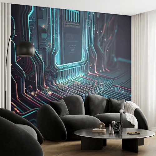 Fototapete Premium Sand - Moderne integrierte Schaltkreisstruktur in Neon - 100x70cm - Ich denke nur… - Moderne Wanddekoration für Wohnzimmer und Schlafzimmer ARTTOR