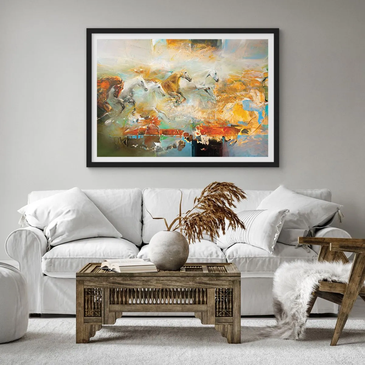 Poster in einem schwarzem Rahmen - Künstlerische Pferde in einer dynamischen, farbenfrohen Umgebung - 70x50cm - Im Galopp durch das Licht - Moderne Wanddekoration für Wohnzimmer und Schlafzimmer ARTTOR