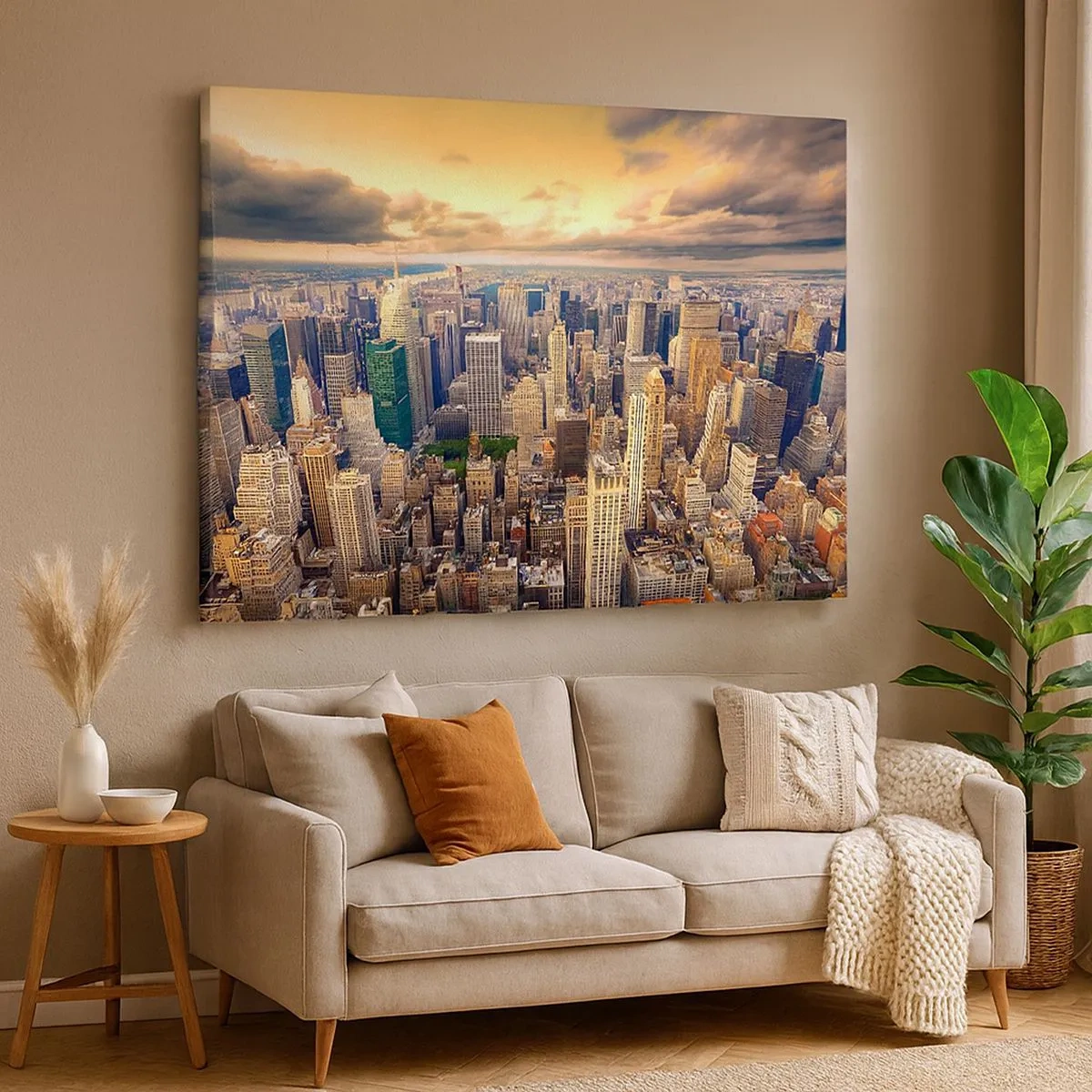 Bild auf Leinwand - Leinwandbild - Stadtpanorama mit Blick auf Wolkenkratzer bei Sonnenuntergang - 70x50cm - Vergoldete Metropole - Moderne Wanddekoration für Wohnzimmer und Schlafzimmer ARTTOR