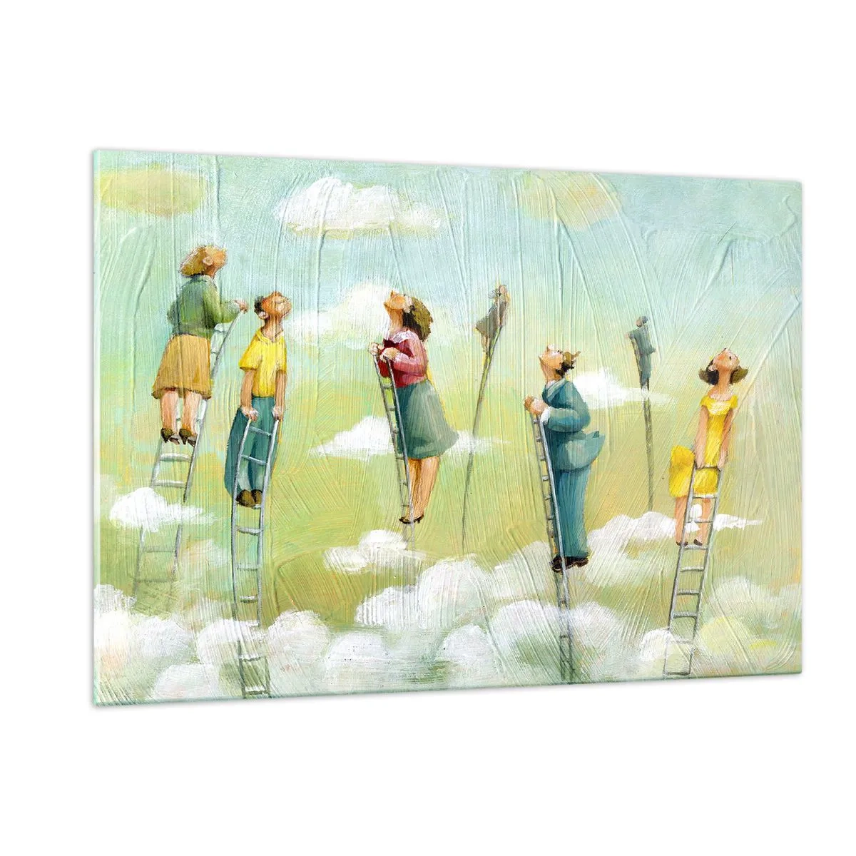 Glasbild - Bild auf glas - Figuren, die Leitern zwischen den Wolken hinaufklettern - 120x80cm - Hinter deinem Traum - Moderne Wanddekoration für Wohnzimmer und Schlafzimmer ARTTOR