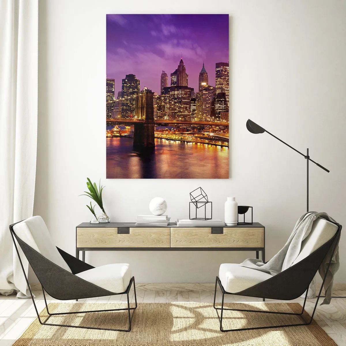 Glasbild - Bild auf glas - Abendansicht von New York mit der Brooklyn Bridge - 50x70cm - Violett-goldenes Manhathann - Moderne Wanddekoration für Wohnzimmer und Schlafzimmer ARTTOR