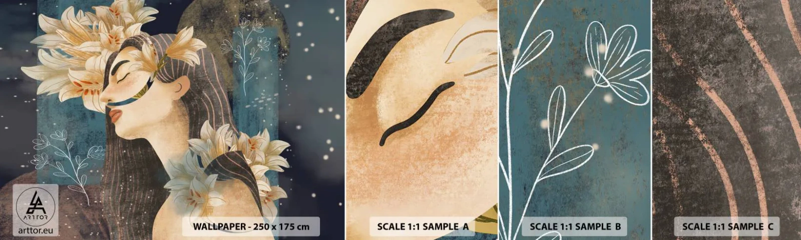 Fototapeten Muster Selbstklebend Deluxe Sticker - Ein Märchen über eine Prinzessin mit Lilien - Abstraktion, Frau, Blumen - 100x30 cm