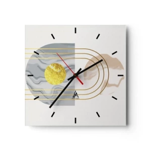 Wanduhr - Glasuhr - Abstrakte Komposition mit Kreisen und goldenen Linien auf hellem Hintergrund. - 30x30cm - Helligkeit und Brillanz - Moderne Wanddekoration für Wohnzimmer und Schlafzimmer ARTTOR