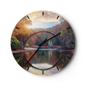 Wanduhr - Glasuhr - Eine Steinbogenbrücke spiegelt sich im Wasser und bildet einen Kreis - 30x30cm - Auf der anderen Seite des Spiegels - Moderne Wanddekoration für Wohnzimmer, Küche und Schlafzimmer ARTTOR