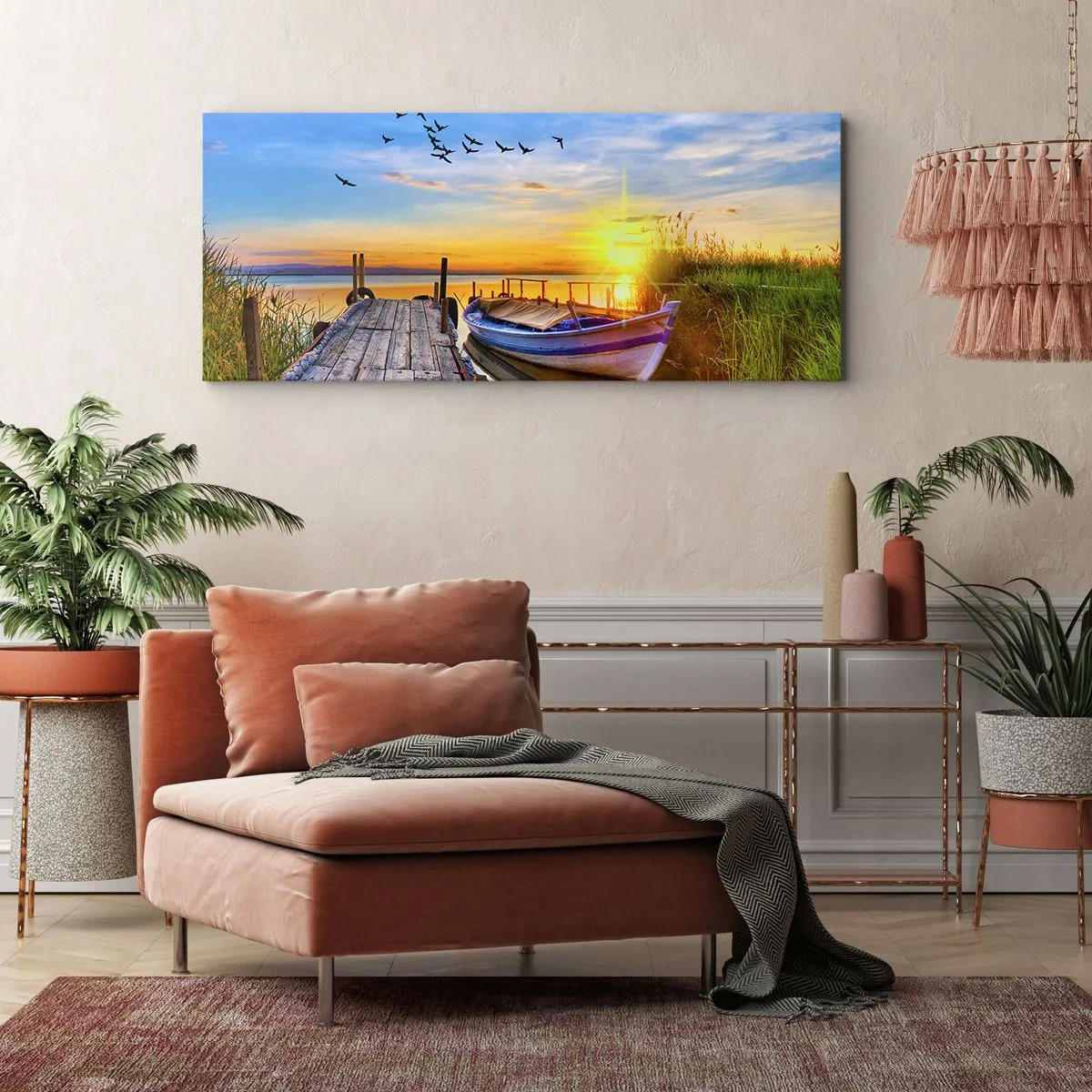 Bild auf Leinwand - Leinwandbild - Ein Boot an einem Holzsteg bei Sonnenuntergang - 140x50cm - Bis morgen - Moderne Wanddekoration für Wohnzimmer und Schlafzimmer ARTTOR