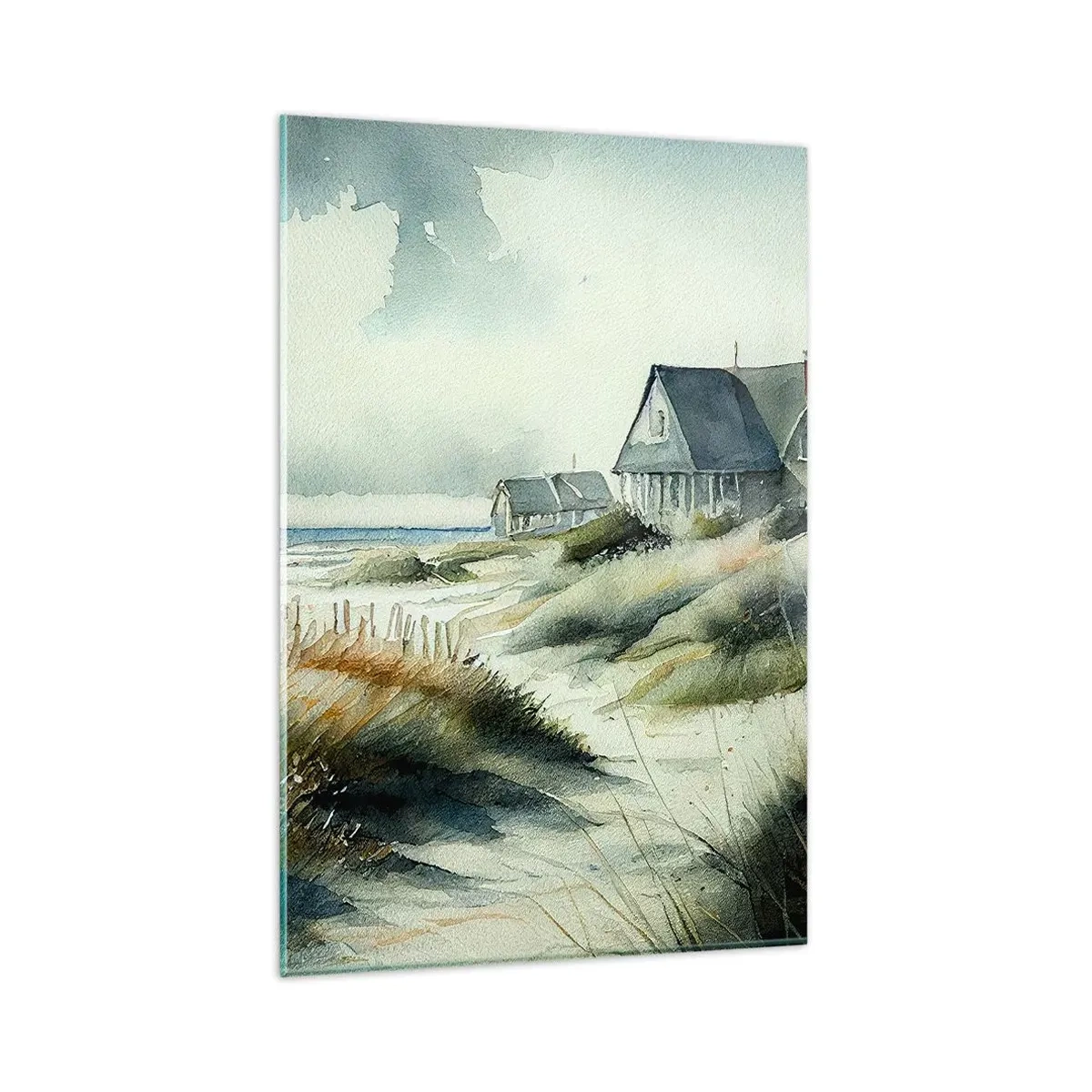 Glasbild - Bild auf glas - Ein Haus am Meer, umgeben von Gras und mit Blick auf das Meer - 80x120cm - Abseits vom Trubel - Moderne Wanddekoration für Wohnzimmer und Schlafzimmer ARTTOR