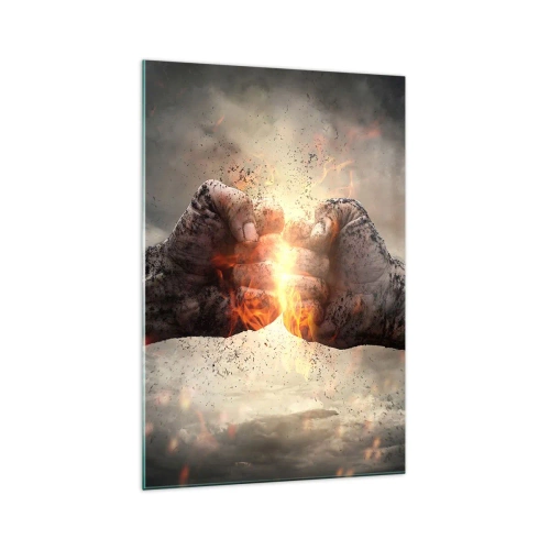 Glasbild - Bild auf glas - Geballte Fäuste in einer dynamischen Brandszene - 70x100cm - Steh auf für einen Kampf - Moderne Wanddekoration für Wohnzimmer und Schlafzimmer ARTTOR