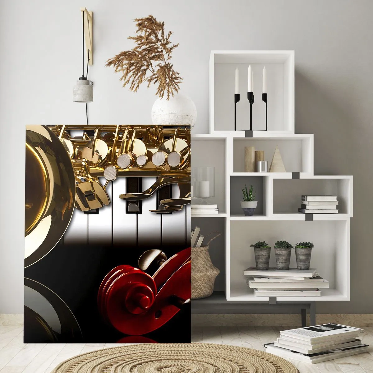 Glasbild - Bild auf glas - Saxophon, Keyboard und Bogen in kunstvoller Komposition - 50x70cm - Blech, Holz und Elfenbein - Moderne Wanddekoration für Wohnzimmer und Schlafzimmer ARTTOR