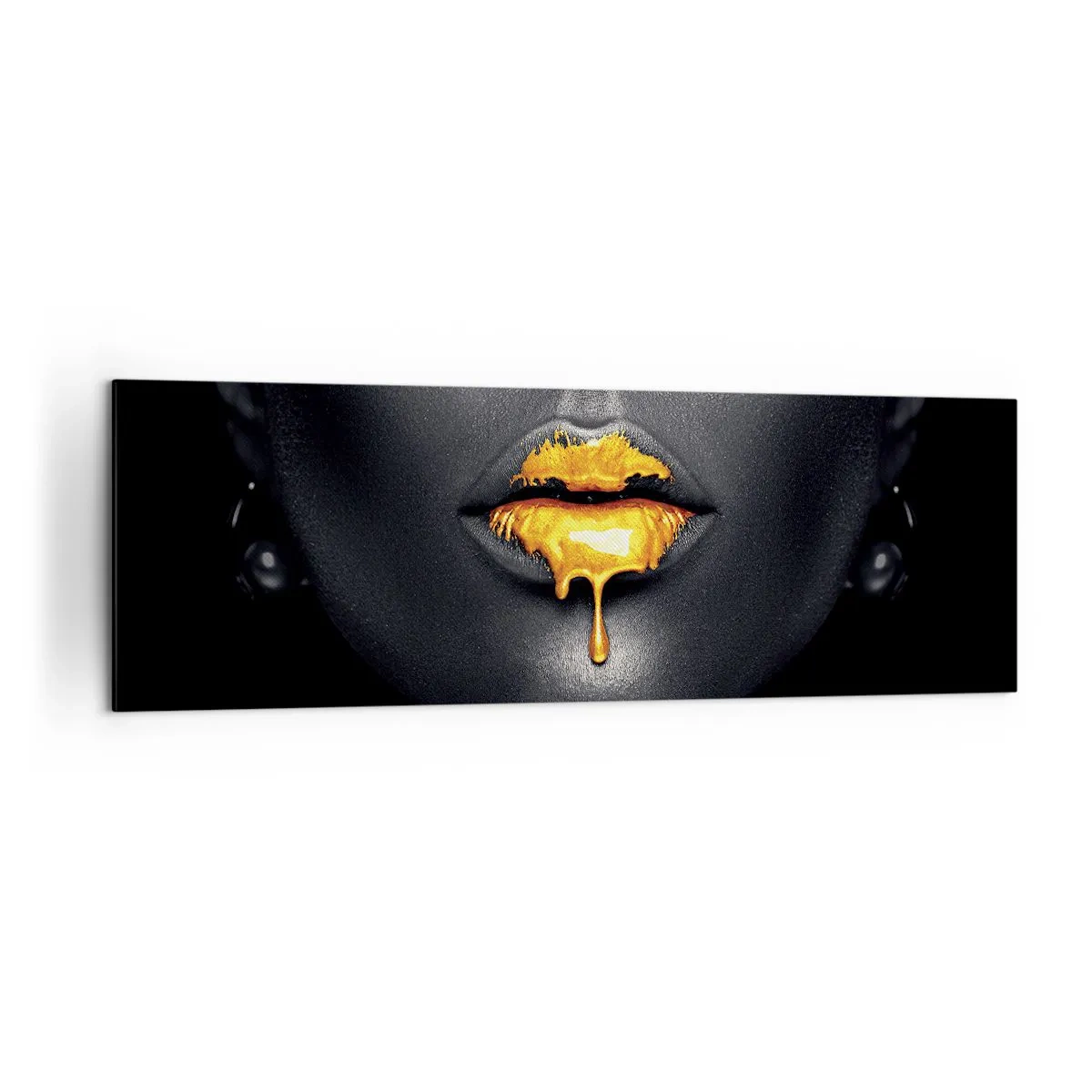 Bild auf Leinwand - Leinwandbild - Schwarz-goldenes Porträt einer Frau mit einem Tropfen Gold auf den Lippen - 160x50cm - Goldmaul - Moderne Wanddekoration für Wohnzimmer und Schlafzimmer ARTTOR