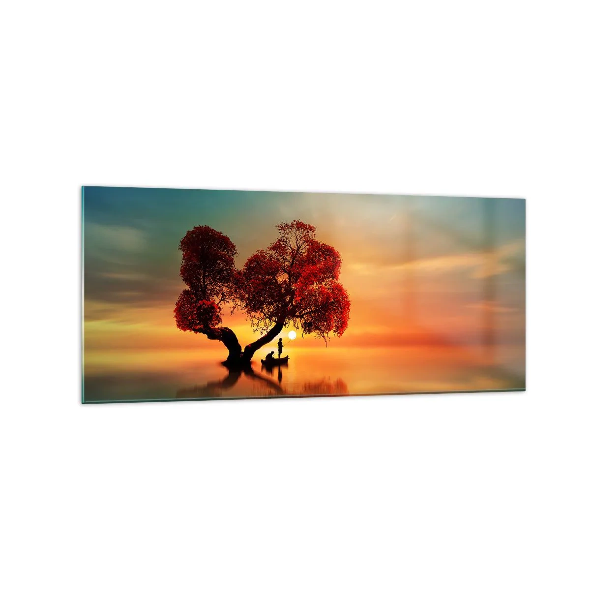 Glasbild - Bild auf glas - Ein rotblättriger Baum und ein Boot auf dem Wasser bei Sonnenuntergang - 120x50cm - Oddaysons und die Stille der Weltlosen - Moderne Wanddekoration für Wohnzimmer und Schlafzimmer ARTTOR