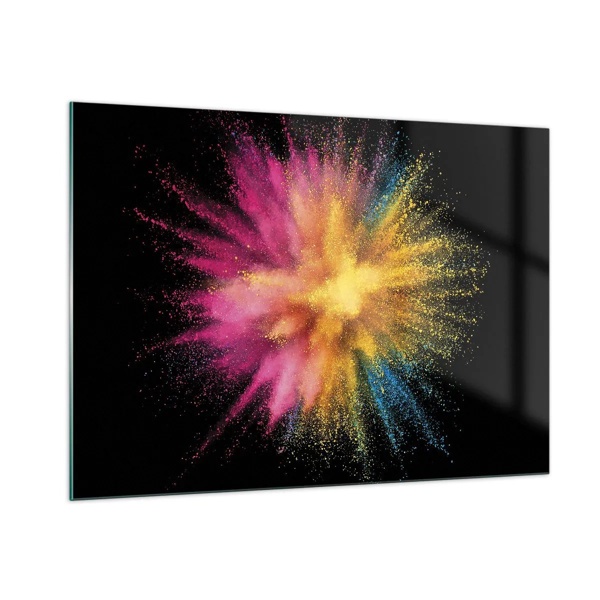 Glasbild - Bild auf glas - Bunte Pulverexplosion auf schwarzem Hintergrund - 100x70cm - Die Geburt der Farben - Moderne Wanddekoration für Wohnzimmer und Schlafzimmer ARTTOR