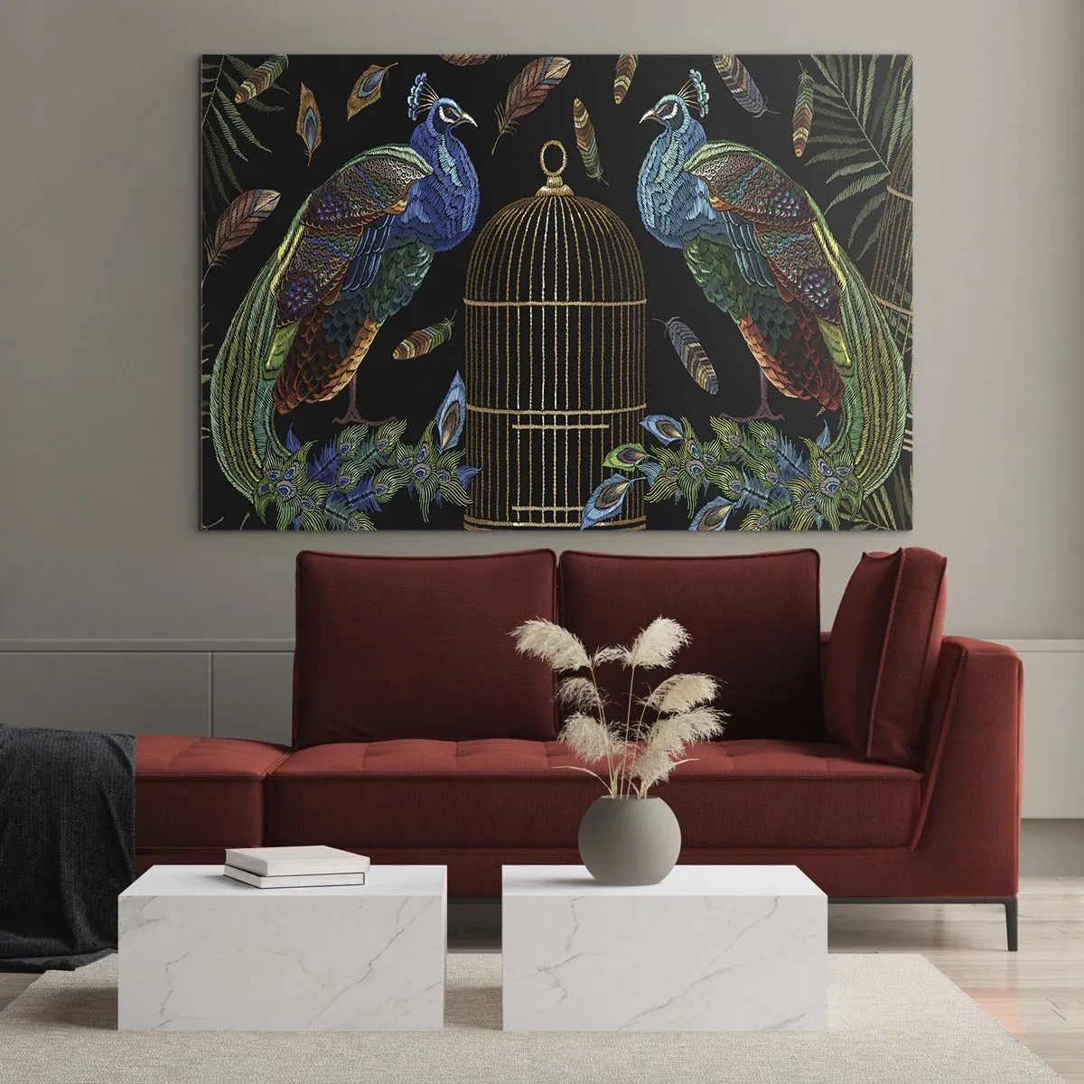 Glasbild - Bild auf glas - Bunte Pfauen und ein Käfig auf schwarzem Hintergrund - 100x70cm - In königlichen Gewändern - Moderne Wanddekoration für Wohnzimmer und Schlafzimmer ARTTOR