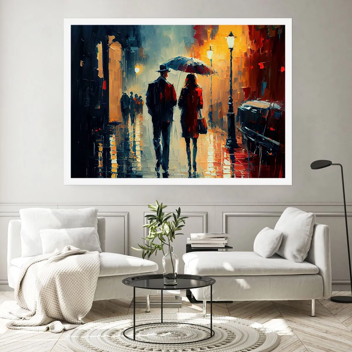 Poster - Nachts im Regen unter einem Regenschirm in der Stadt spazieren gehen - 100x70cm - Urbane Liebesgeschichte - Moderne Wanddekoration für Wohnzimmer und Schlafzimmer ARTTOR