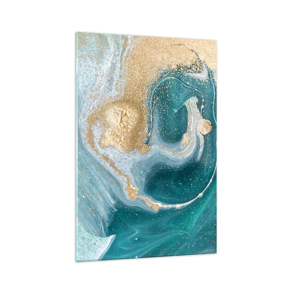 Glasbild - Bild auf glas - Abstrakter Wirbel in Türkis- und Goldtönen - 70x100cm - Ein Strudel aus Gold und Türkis - Moderne Wanddekoration für Wohnzimmer und Schlafzimmer ARTTOR