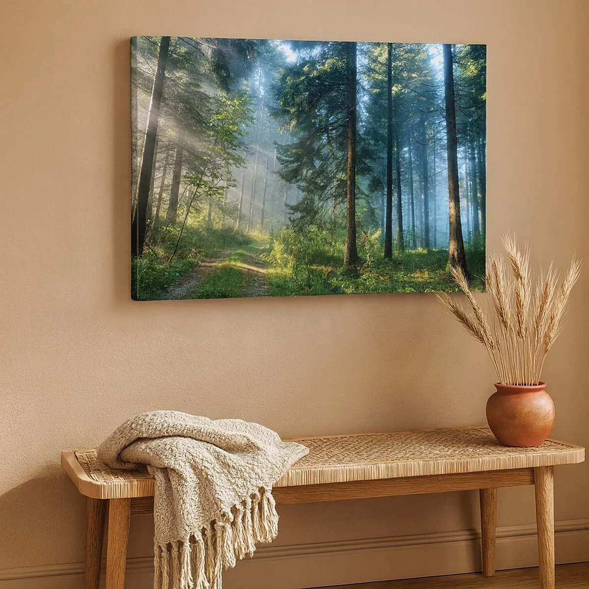 Bild auf Leinwand - Leinwandbild - Ein Waldweg, beleuchtet von den Strahlen der Morgensonne - 70x50cm - Strahlend am Morgen - Moderne Wanddekoration für Wohnzimmer und Schlafzimmer ARTTOR