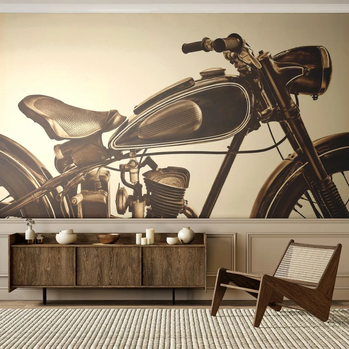 Fototapete Premium Canvas - Ein Vintage-Retro-Motorrad auf hellem Hintergrund - 100x70cm - Sehnsucht nach den Klassikern - Moderne Wanddekoration für Wohnzimmer und Schlafzimmer ARTTOR