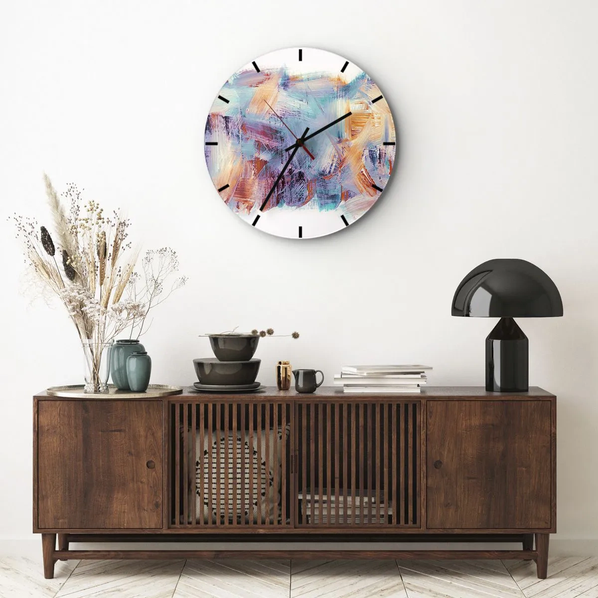 Wanduhr - Glasuhr - Dynamische Pinselstriche in leuchtenden Farben - 30x30cm - Buntes Durcheinander - Moderne Wanddekoration für Wohnzimmer, Küche und Schlafzimmer ARTTOR