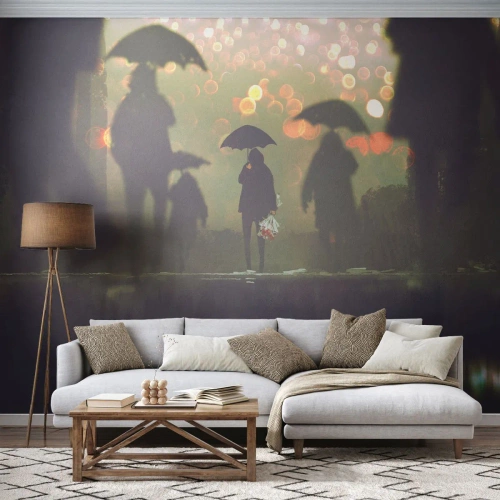 Fototapete Premium Sand - Aus der Perspektive eines Regentropfens - Im Regen spazieren gehen, Menschen, Grafik - 450x315 cm