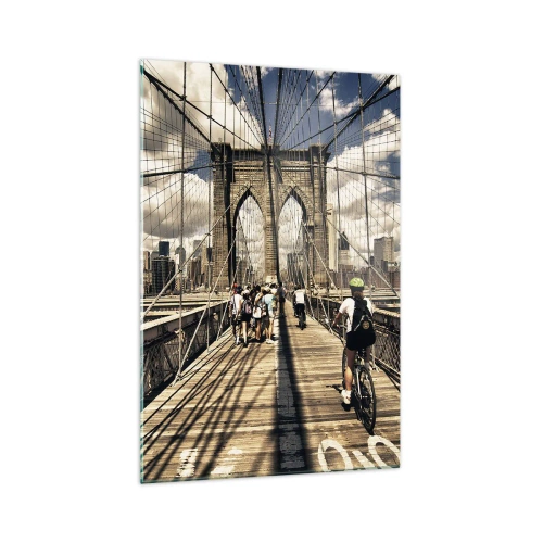 Glasbild - Bild auf glas - Brooklyn Bridge mit Blick auf Fußgänger und Radfahrer - 70x100cm - Direkt ins Herz der Stadt - Moderne Wanddekoration für Wohnzimmer und Schlafzimmer ARTTOR