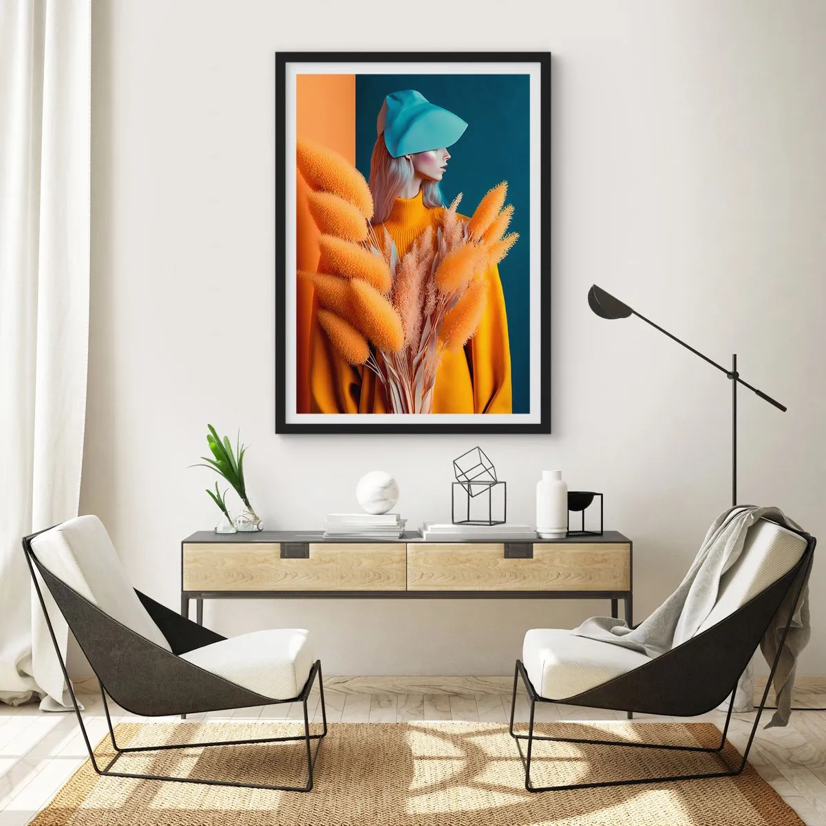 Poster in einem schwarzem Rahmen - Ein modernes Frauenporträt in warmen Farben - 50x70cm - Flauschiges Porträt - Moderne Wanddekoration für Wohnzimmer und Schlafzimmer ARTTOR