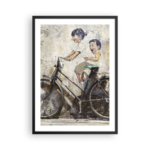 Poster in einem schwarzem Rahmen - Ein Street-Art-Wandbild von Kindern auf einem Fahrrad - 50x70cm - Richtig oder falsch? - Moderne Wanddekoration für Wohnzimmer und Schlafzimmer ARTTOR