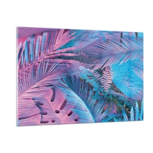Glasbild - Bild auf glas - Tropische Blätter in Rosa- und Blautönen auf neonfarbenem Hintergrund - 120x80cm - Tropen in Rosa und Blau - Moderne Wanddekoration für Wohnzimmer und Schlafzimmer ARTTOR
