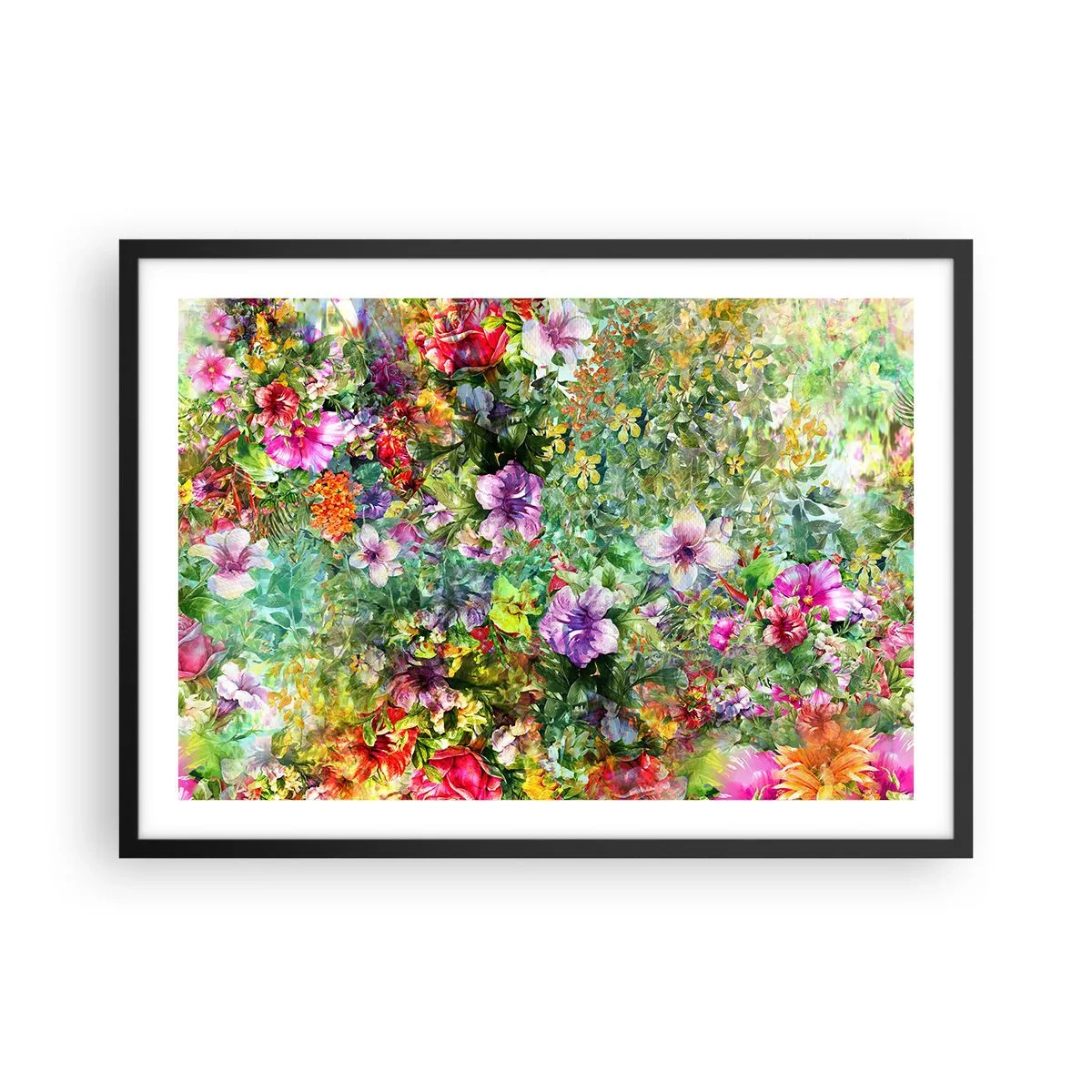 Poster in einem schwarzem Rahmen - Ein buntes Blumenarrangement auf grünem Hintergrund - 70x50cm - In Blumen für das Verderben - Moderne Wanddekoration für Wohnzimmer und Schlafzimmer ARTTOR