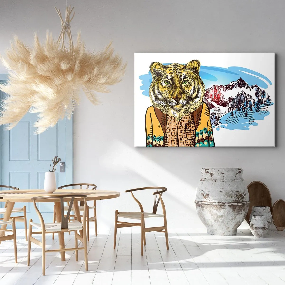 Bild auf Leinwand - Leinwandbild - Ein Tiger im Mantel vor einer Berglandschaft - 70x50cm - Nicht so wild, wie sie ihn zeichnen - Moderne Wanddekoration für Wohnzimmer und Schlafzimmer ARTTOR