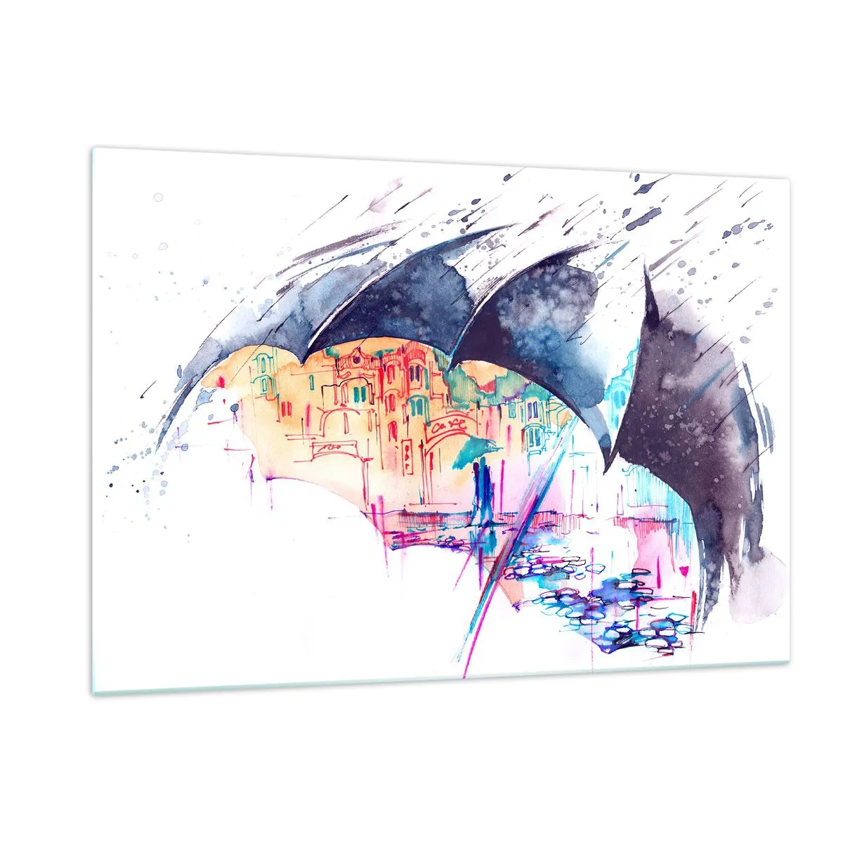 Glasbild - Bild auf glas - Eine bunte Stadt im Hintergrund unter einem schwarzen Regenschirm - 120x80cm - Im Regen spazieren gehen - Moderne Wanddekoration für Wohnzimmer und Schlafzimmer ARTTOR