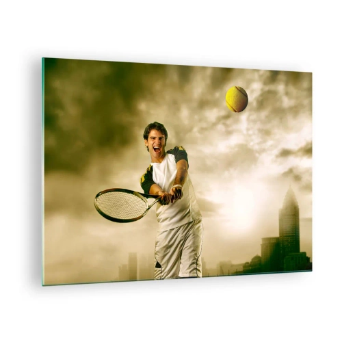 Glasbild - Bild auf glas - Ein Tennisspieler schlägt den Ball vor der Kulisse einer Stadt - 70x50cm - Energie und Freude - Moderne Wanddekoration für Wohnzimmer und Schlafzimmer ARTTOR