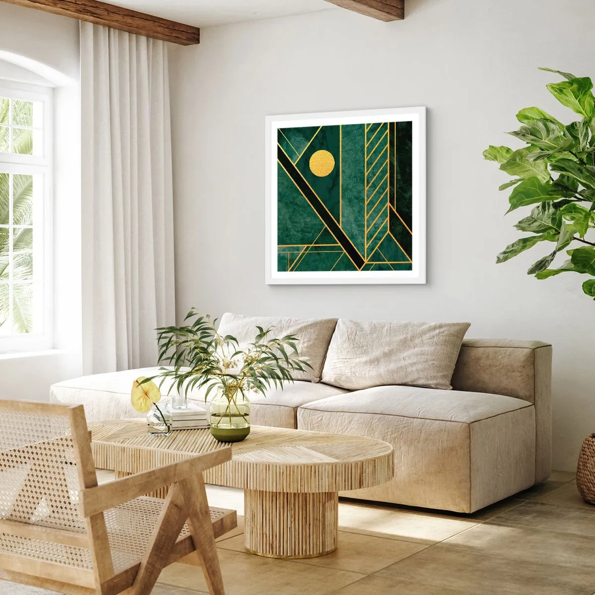 Poster in einem weißen Rahmen - Dynamik von Gold und Azurblau - 40x40 cm