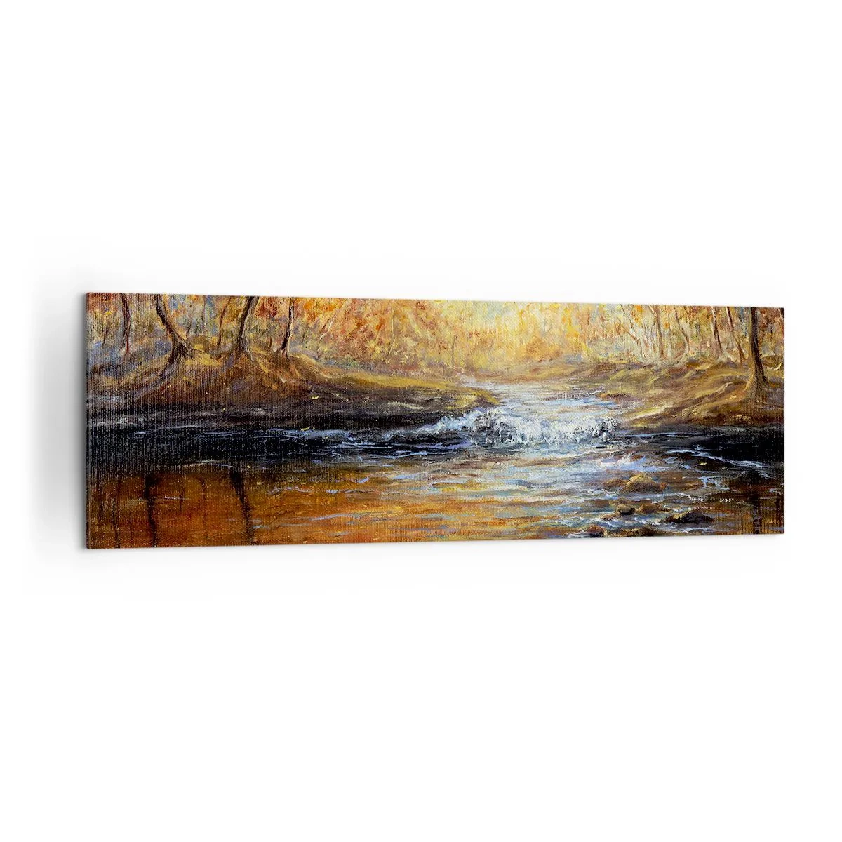 Bild auf Leinwand - Leinwandbild - Herbstlandschaft mit einem Fluss zwischen den Bäumen - 160x50cm - Der goldene Strom - Moderne Wanddekoration für Wohnzimmer und Schlafzimmer ARTTOR