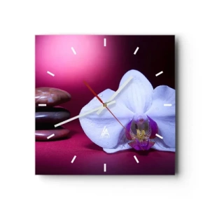 Wanduhr - Glasuhr - Weiße Orchidee und Steine auf rosa Hintergrund - 30x30cm - Eine Studie der Frische in Lila - Moderne Wanddekoration für Wohnzimmer und Schlafzimmer ARTTOR