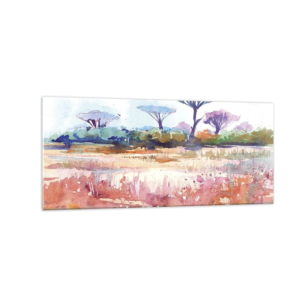Glasbild - Bild auf glas - Eine malerische Savannenlandschaft in Aquarellfarben - 120x50cm - Savannah-Farben - Moderne Wanddekoration für Wohnzimmer und Schlafzimmer ARTTOR