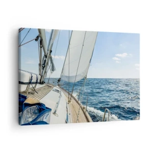 Bild auf Leinwand - Leinwandbild - Ein Segelboot auf ruhiger See unter blauem Himmel - 70x50cm - Ahoi, Abenteuer - Moderne Wanddekoration für Wohnzimmer und Schlafzimmer ARTTOR