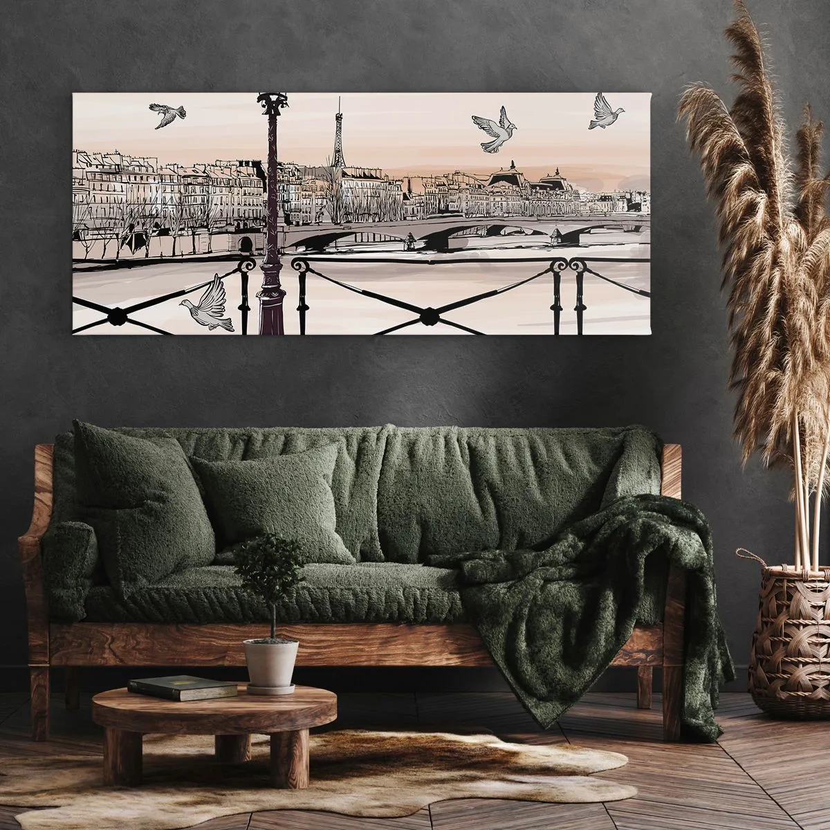 Bild auf Leinwand - Leinwandbild - Pariser Ansicht mit einer Laterne und einer Brücke - 120x50cm - Über den Dächern von Paris - Moderne Wanddekoration für Wohnzimmer und Schlafzimmer ARTTOR