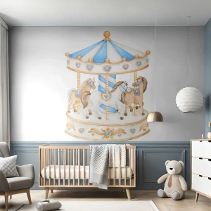 Fototapete Premium Sand - Ein Karussell mit Pferden in Pastellfarben auf weißem Hintergrund - 100x70cm - Süße Kindheit - Moderne Wanddekoration für Wohnzimmer und Schlafzimmer ARTTOR