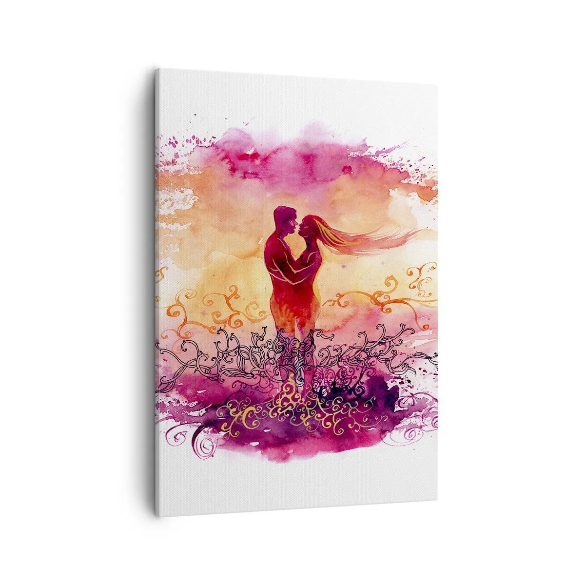 Bild auf Leinwand - Leinwandbild - Ein Paar umarmt sich vor einem abstrakten rosa und orangefarbenen Muster - 50x70cm - Ein Herz! ich brauche so wenig... - Moderne Wanddekoration für Wohnzimmer und Schlafzimmer ARTTOR